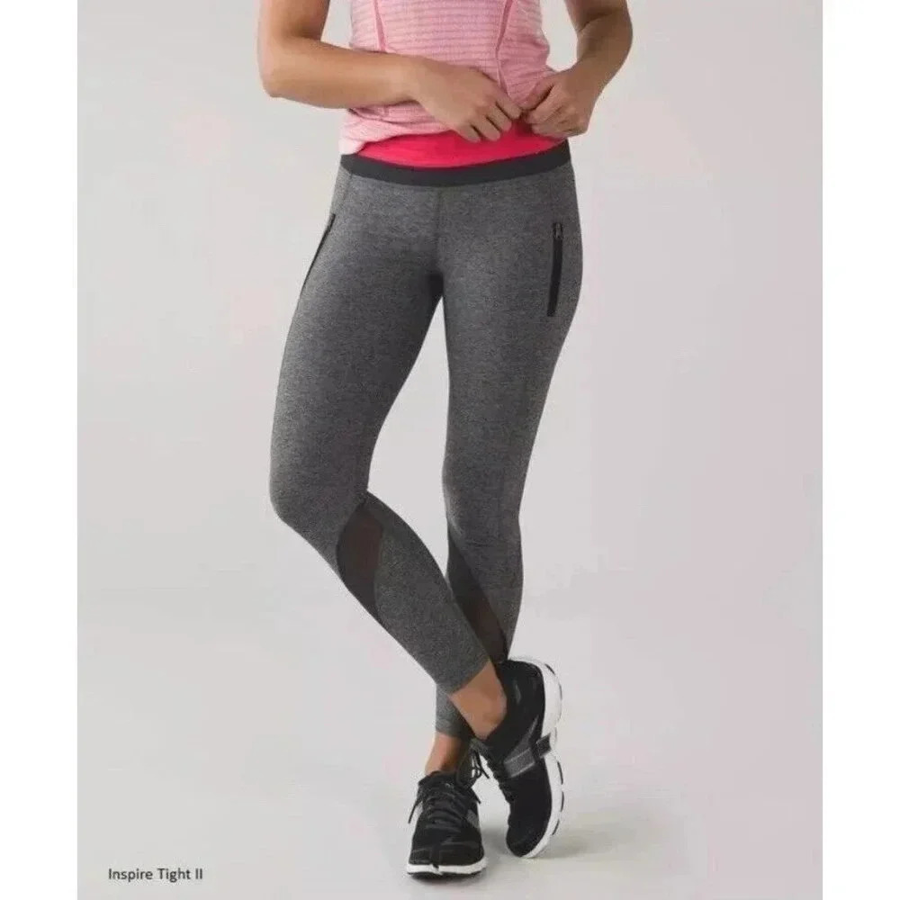 Lululemon Inspire Tight II Deep Coal Grey And Pink Mesh Size 4 Leggings, Pockets